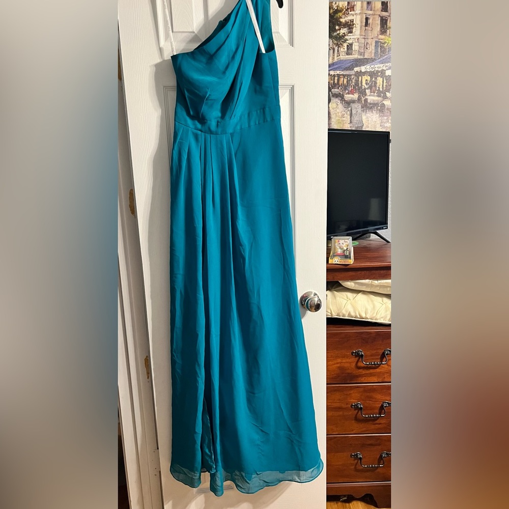 One shoulder David’s Bridal bridesmaids dress